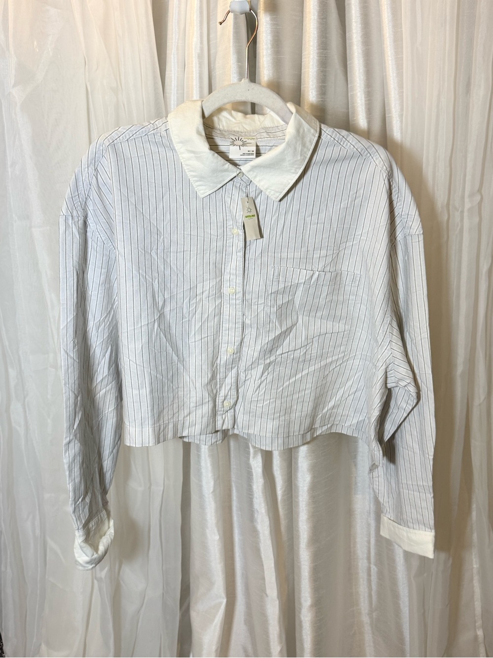 aerie White Button-Down Crop Shirt with Light Blue Pinstripes